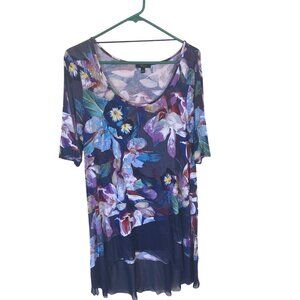 Cupio Womens Tunic Top Handkerchief Hem Floral Black Size Large EUC Flowy